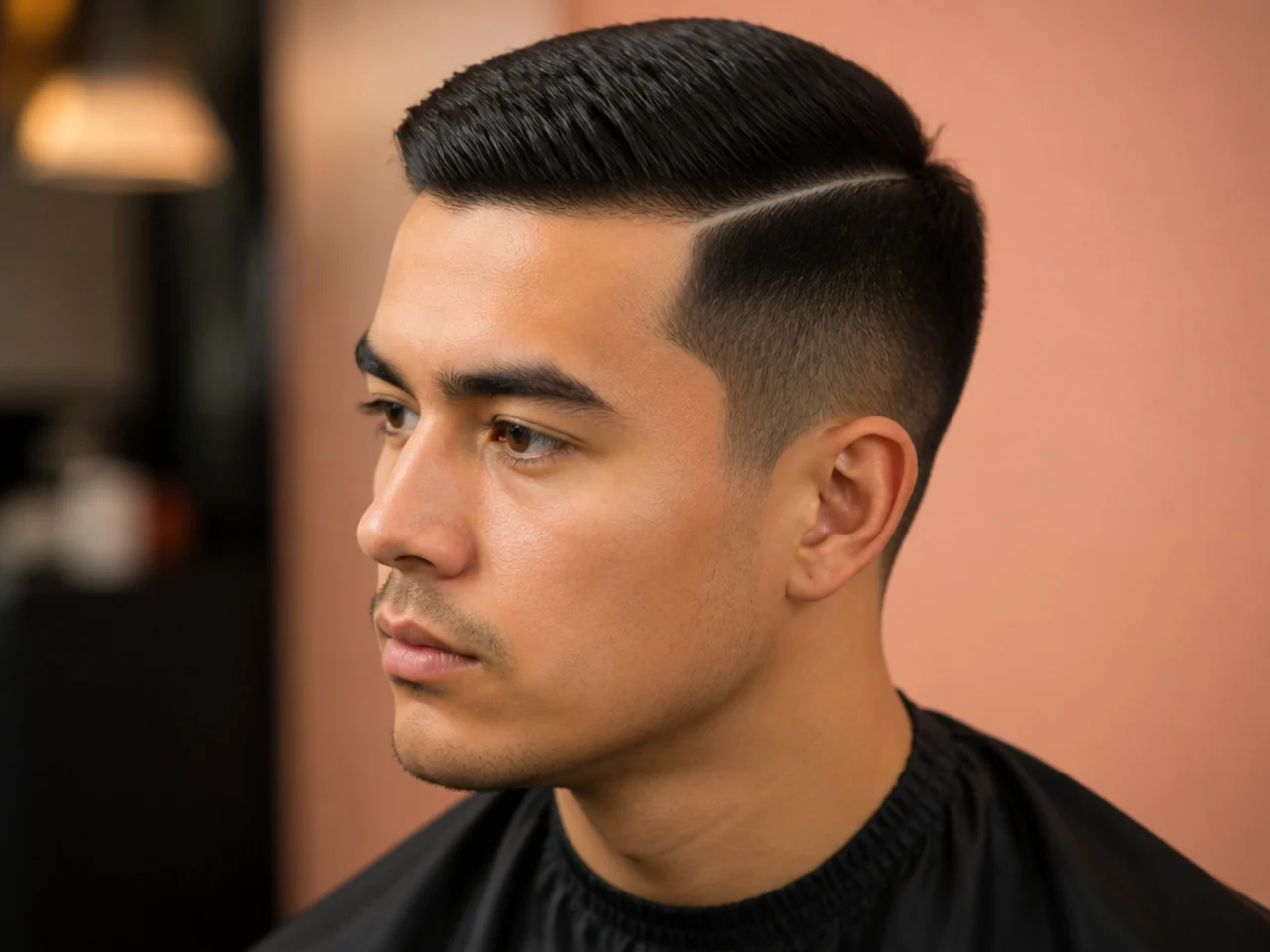 Crew cut with a defined side part, inch on top graduated shorter to the back, and tapered sides