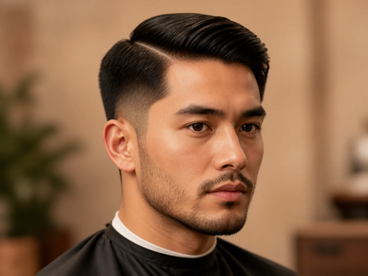 Short comb-over side part with 1.5 to 2 inches swept across from a low parting on a young man