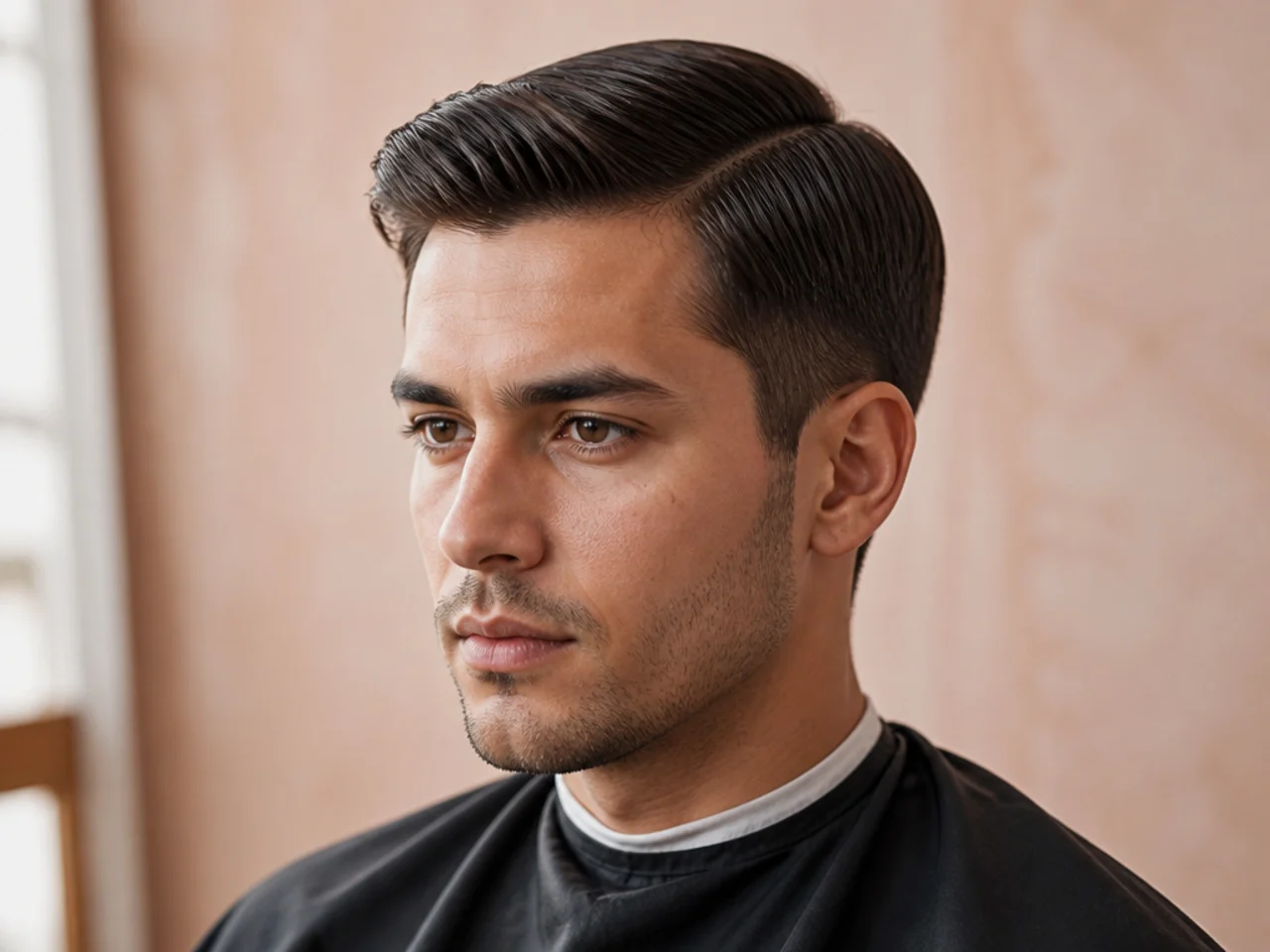 Ivy League short side part with two inches on top, defined parting, and scissor-blended sides