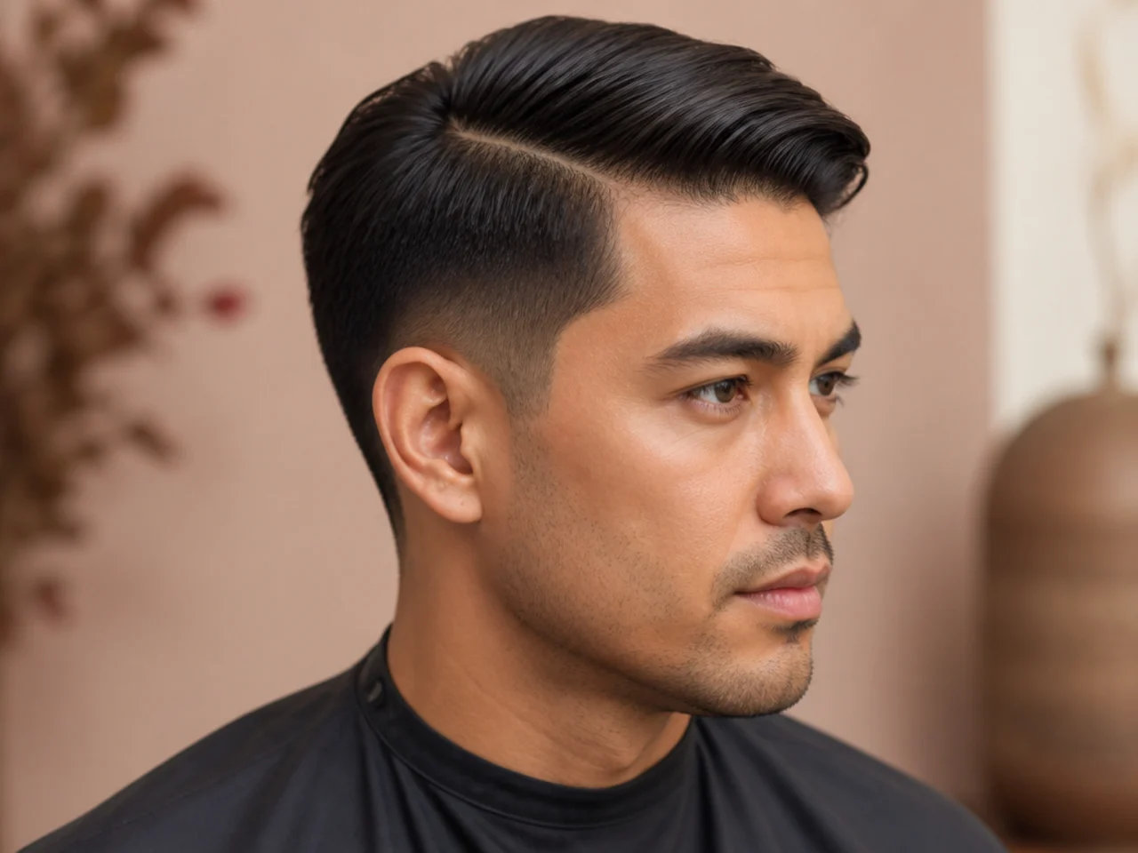 Short side part with a low taper fade blending from No. 2 to No. 0.5 at the neckline