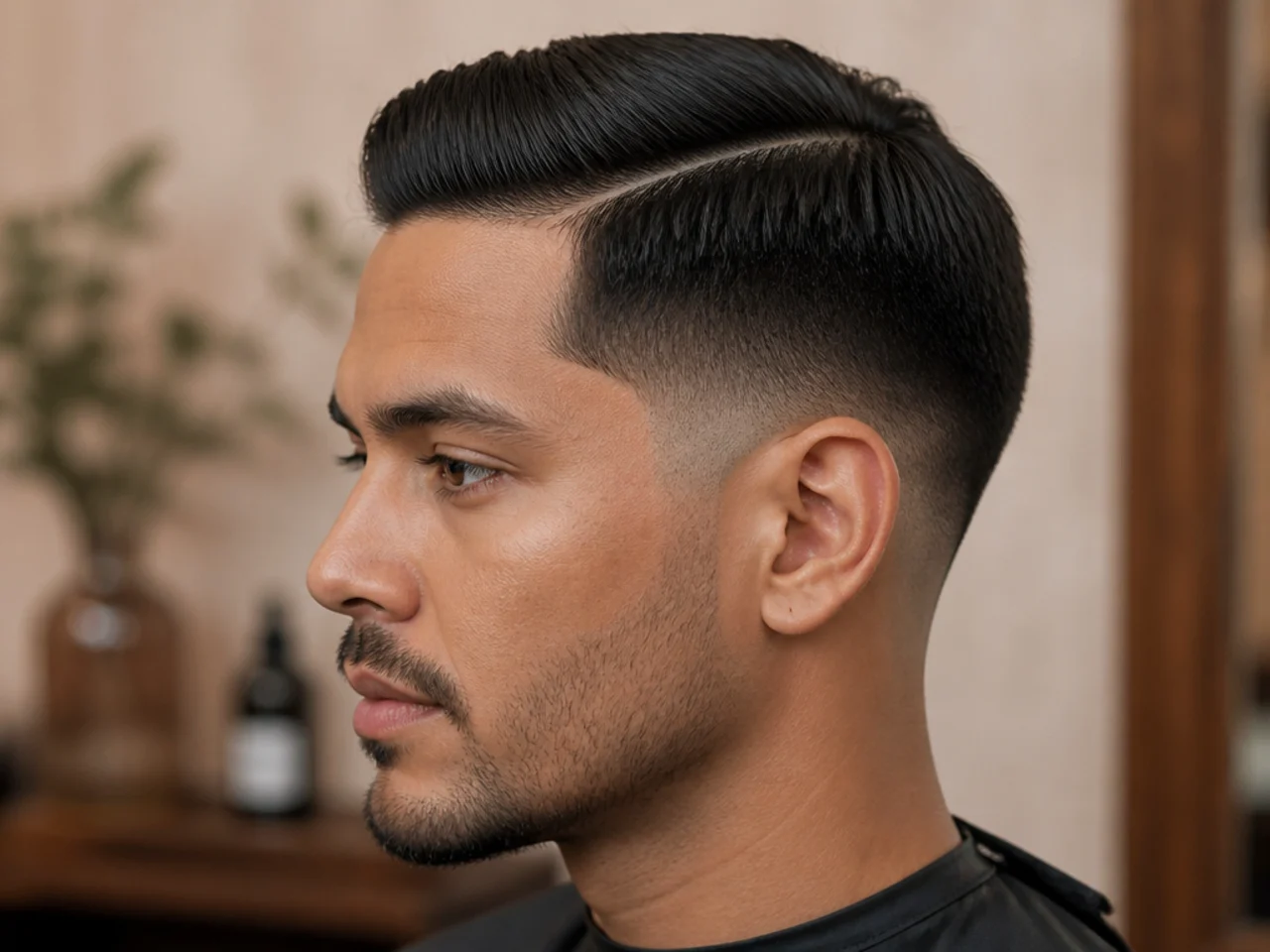 Short side part with a low fade dropping to skin just above the ear on a young man