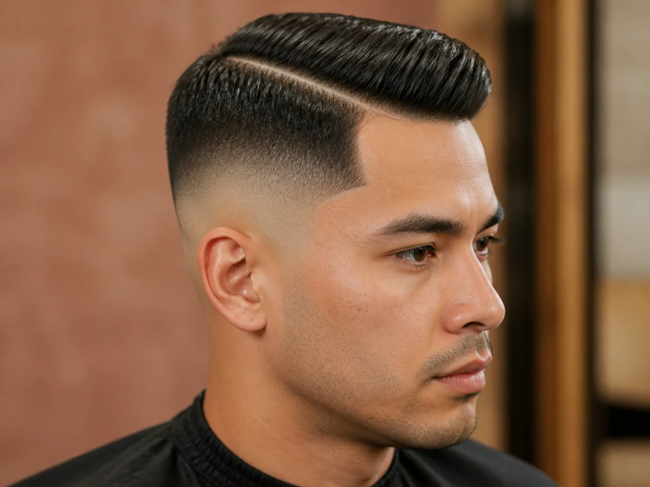 Short side part with a high skin fade climbing above the temple on a young man