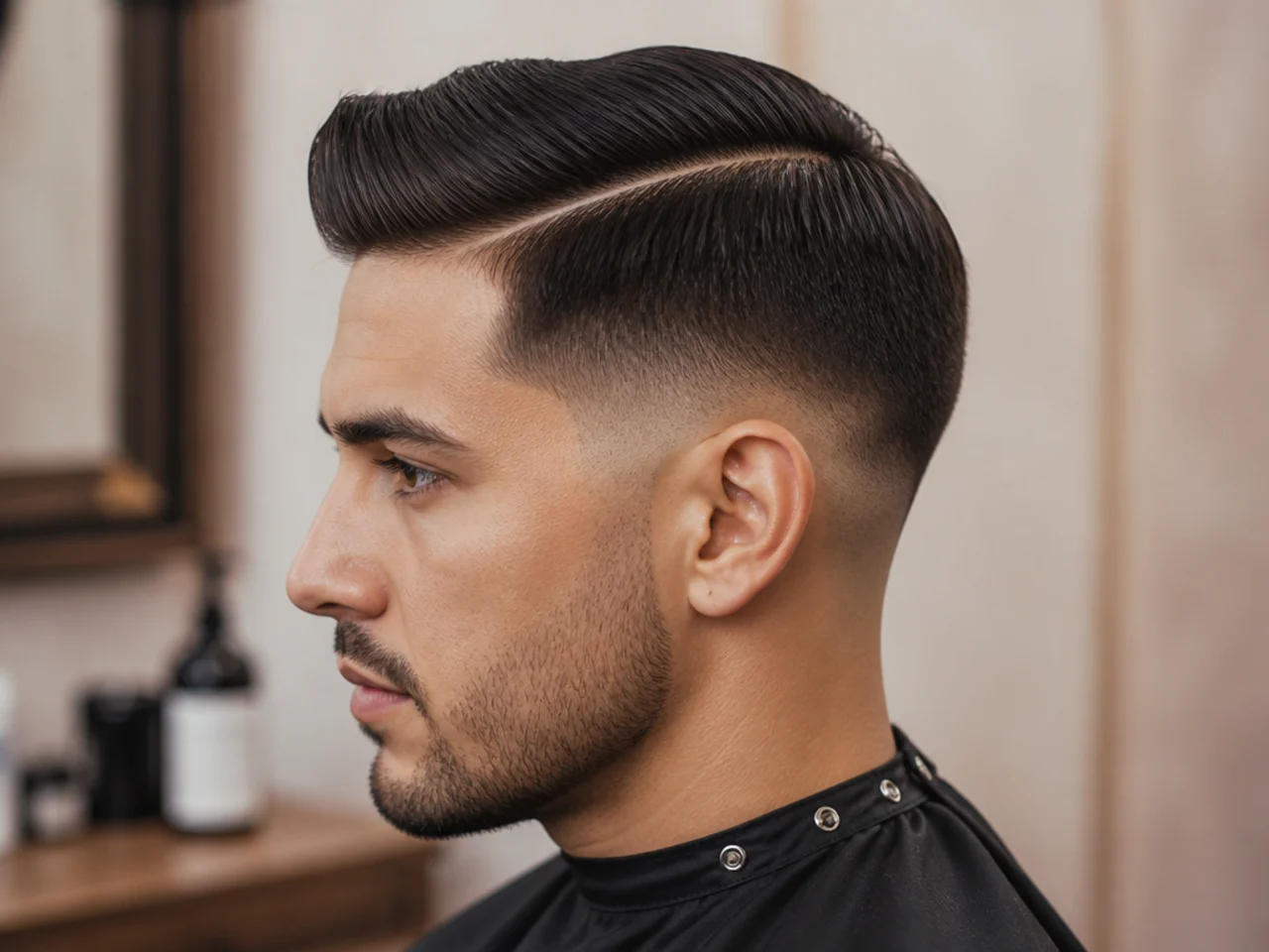Short hard part with a shaved parting line and low fade sides on a young man