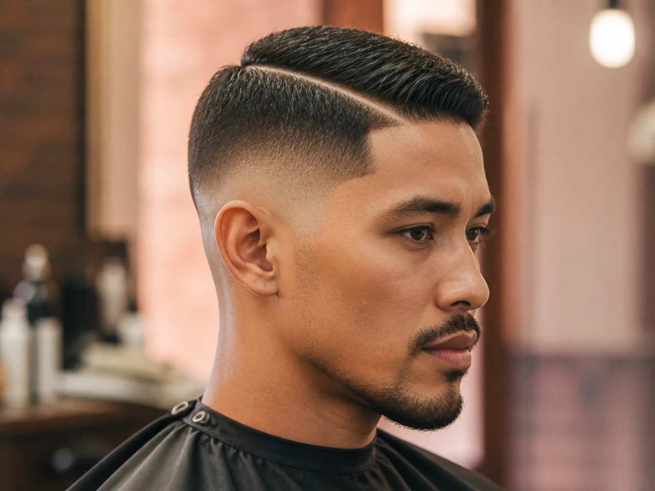 Short hard part with a skin fade and razor-drawn parting on a young man with textured top