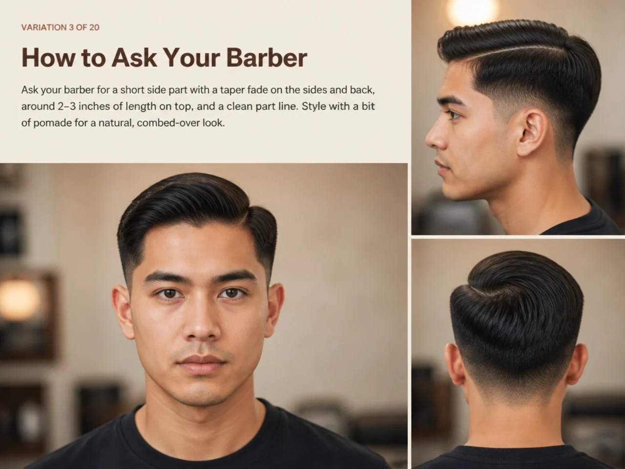 Client showing his barber a reference photo of a short side part at the barber chair