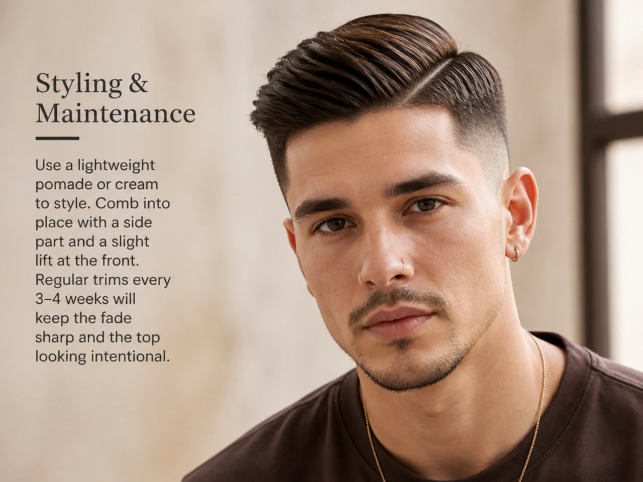 Short side part styling essentials laid out on a barbershop counter — matte clay, pomade, comb, sea-salt spray