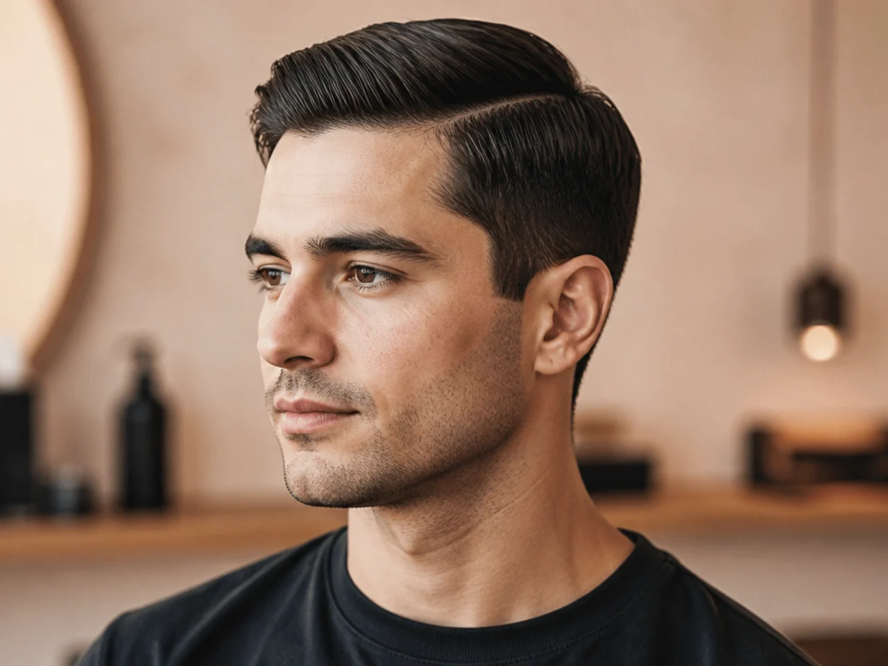 Barber combing a short side part into place on a young man with a defined natural parting