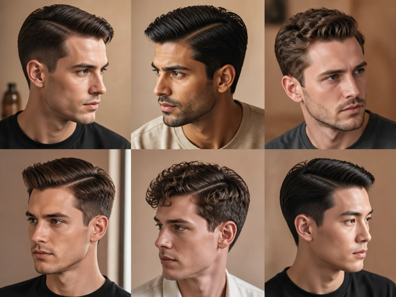 Reference lineup of four men with different face shapes wearing short side part hairstyles