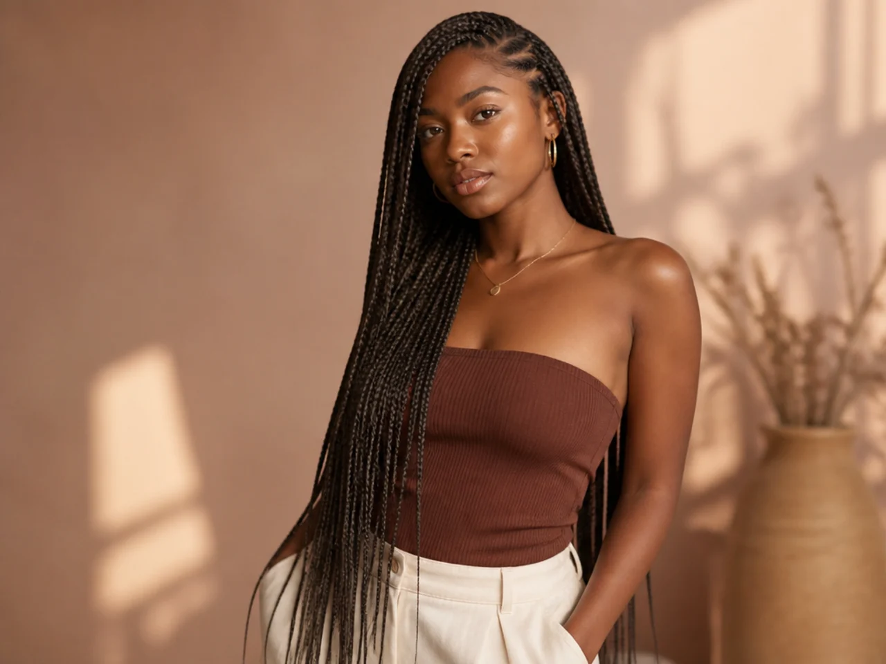 Waist-length side-parted medium braids
