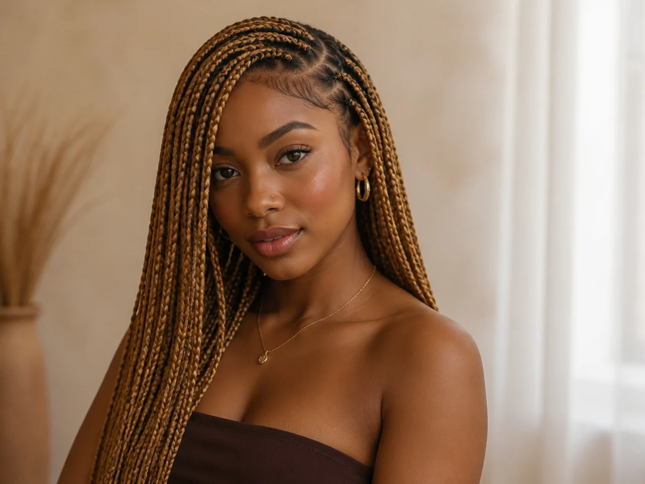 Honey blonde side-parted medium braids