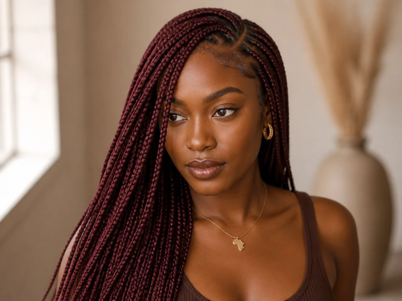 Burgundy side-parted medium braids