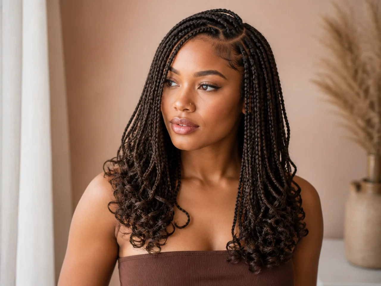 Side-parted braids with curled ends
