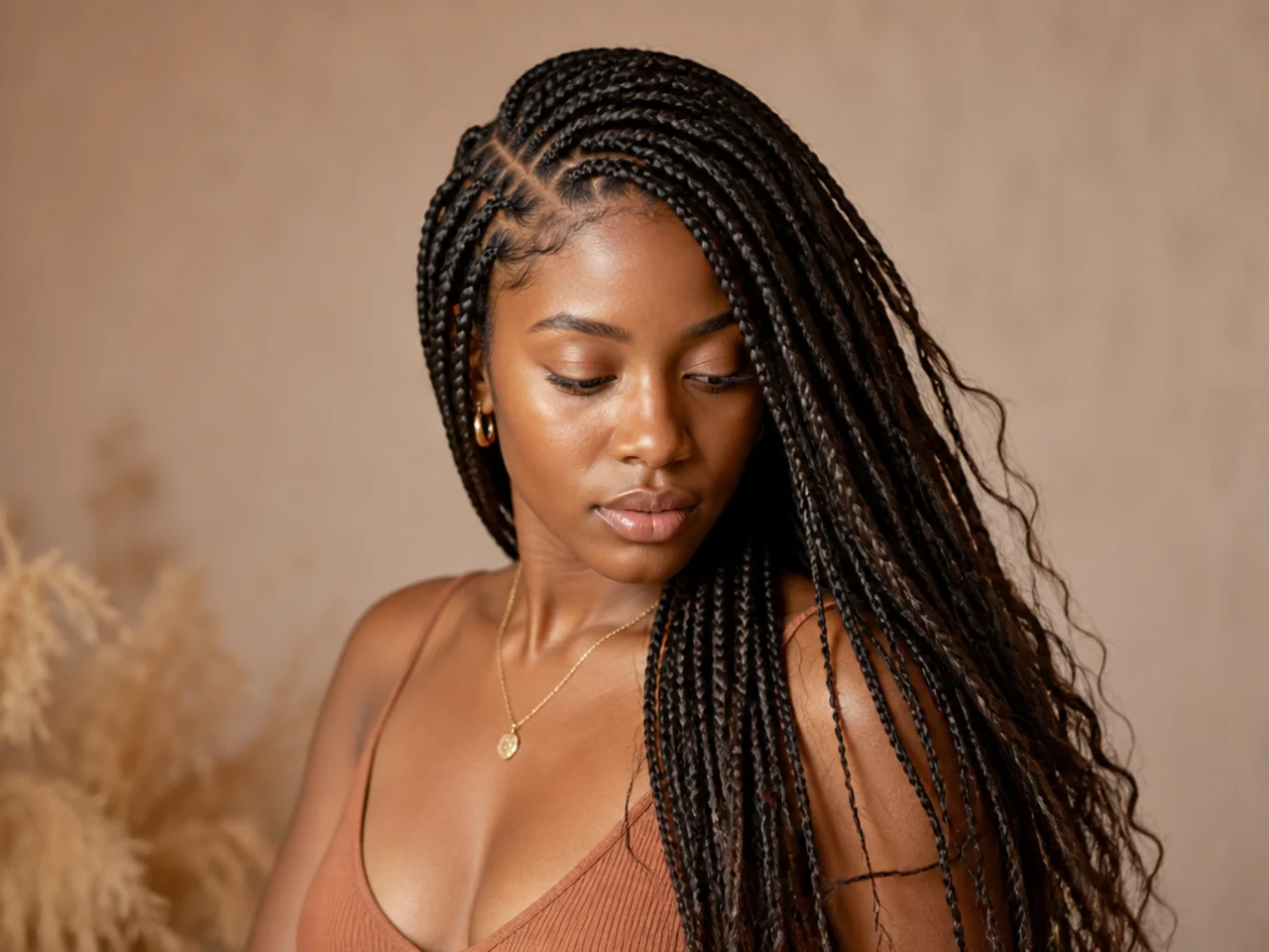 Boho side-parted medium braids