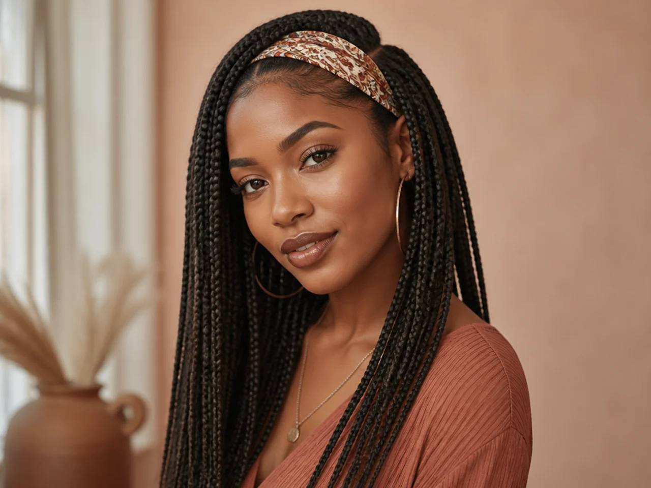 Side-parted braids worn with a headband