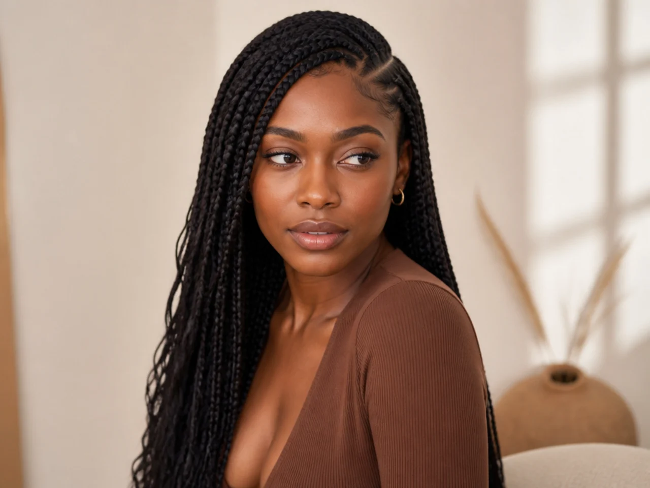 Medium braids with a standard side part