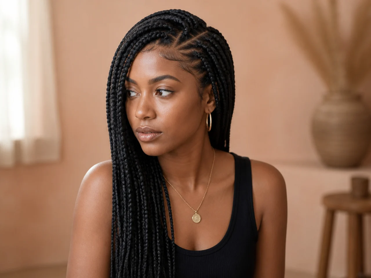 Side-parted braids on a straight-back grid