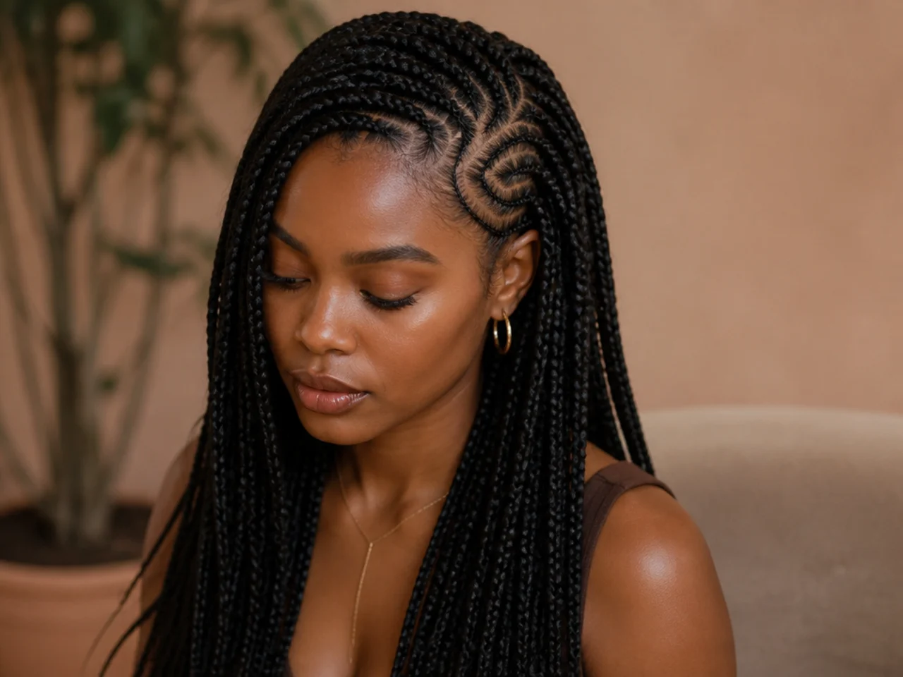 Side-parted braids on a curved grid