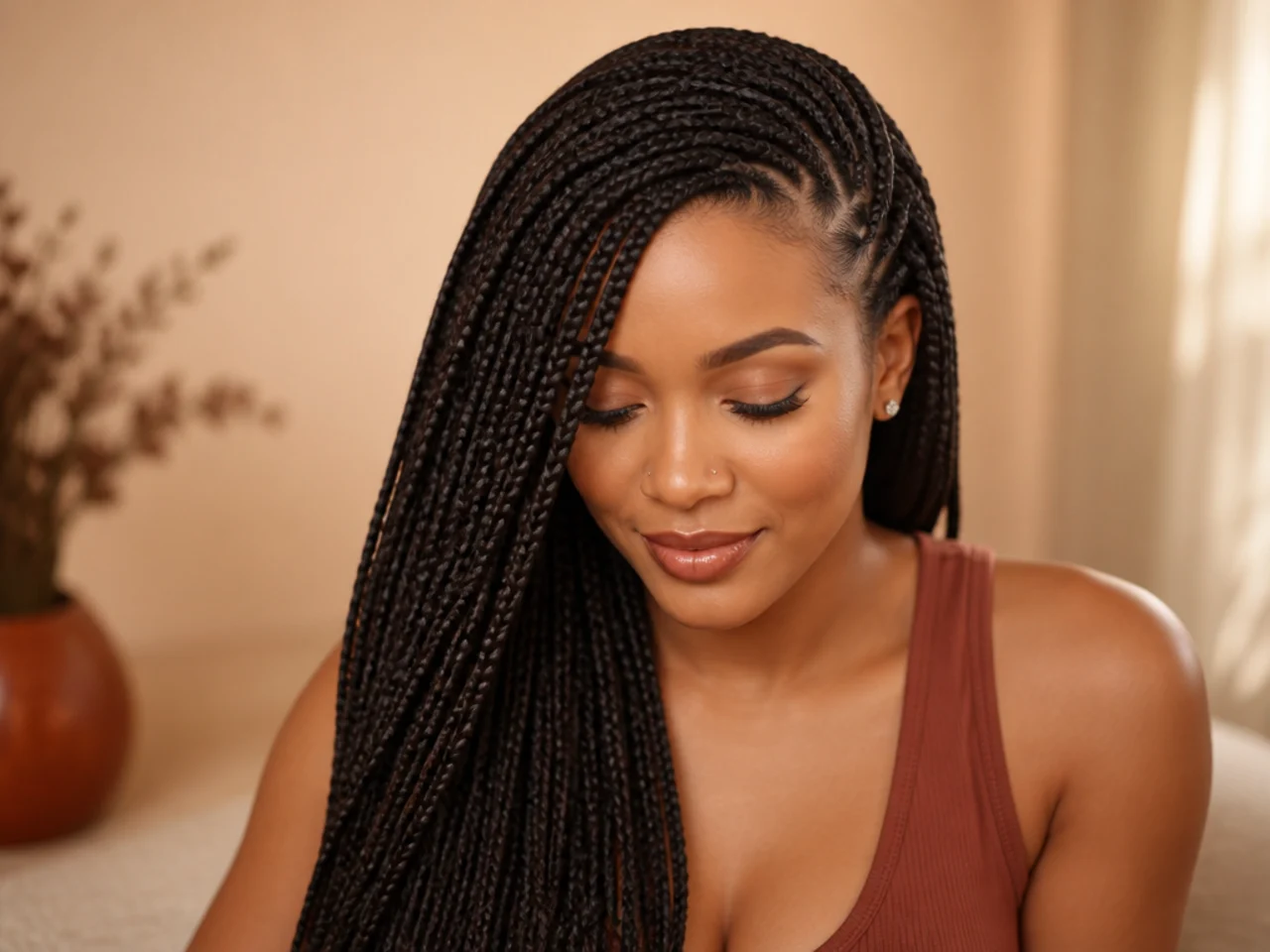 Braids swept fully across from a deep side part