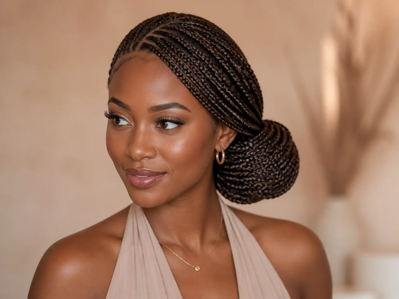 Side-parted braids in a low side bun