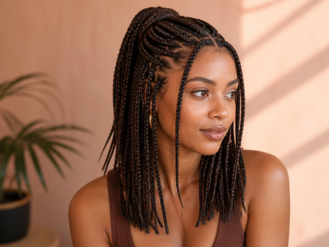 Side-parted medium braids worn half up