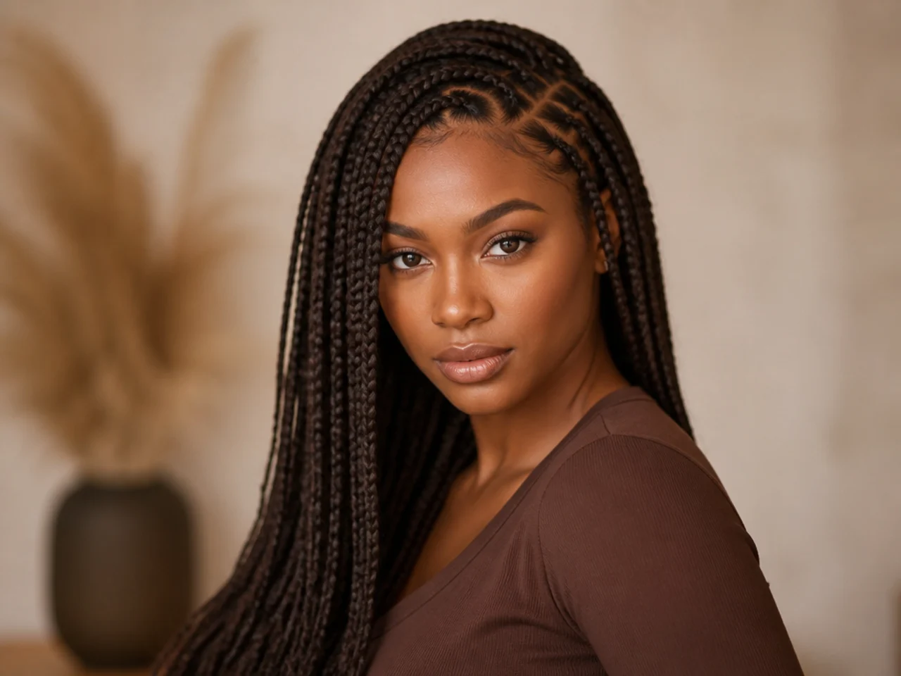Three-quarter view of finished side-parted medium braids