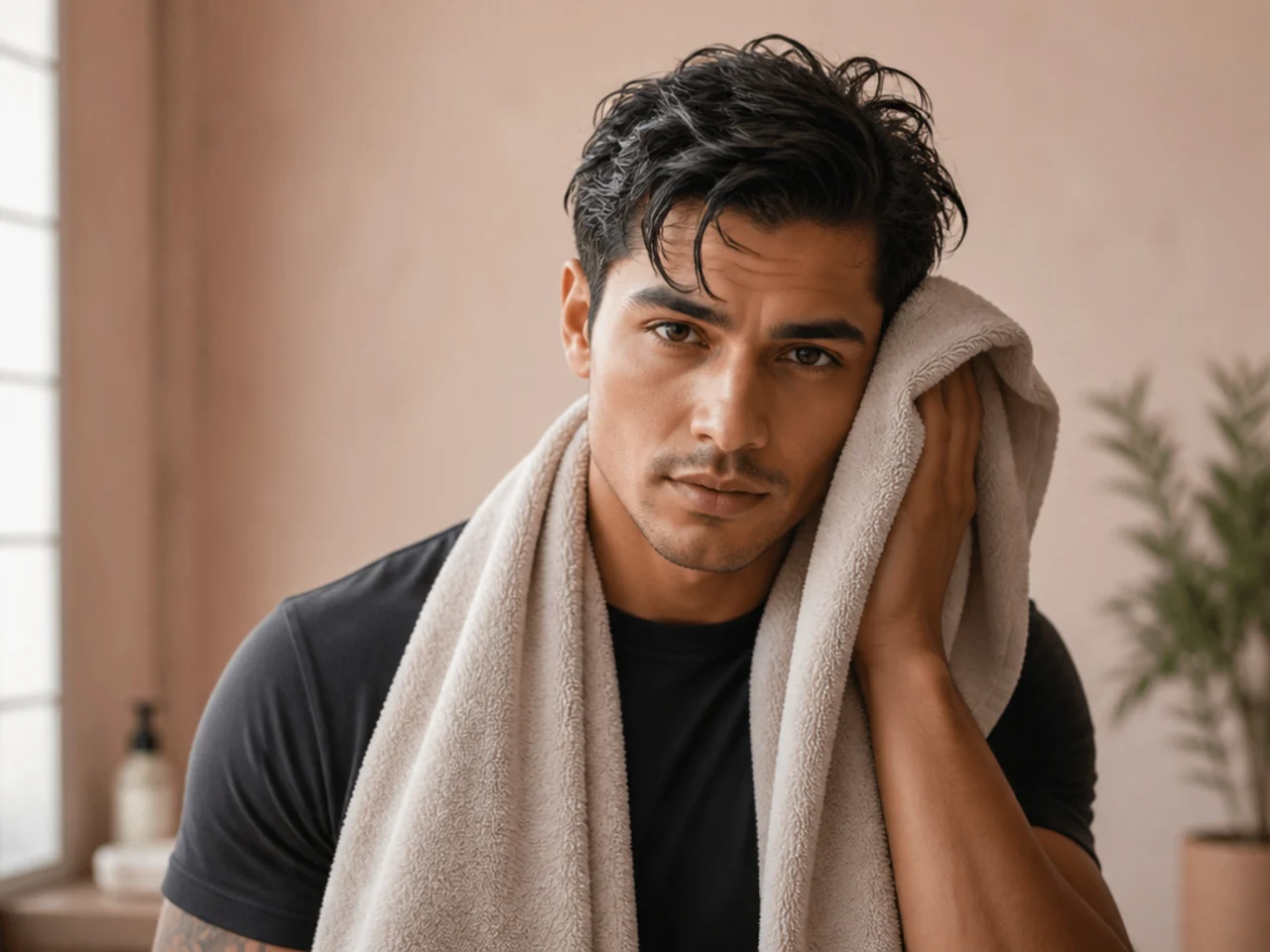 Man towel-drying damp hair before styling a side quiff