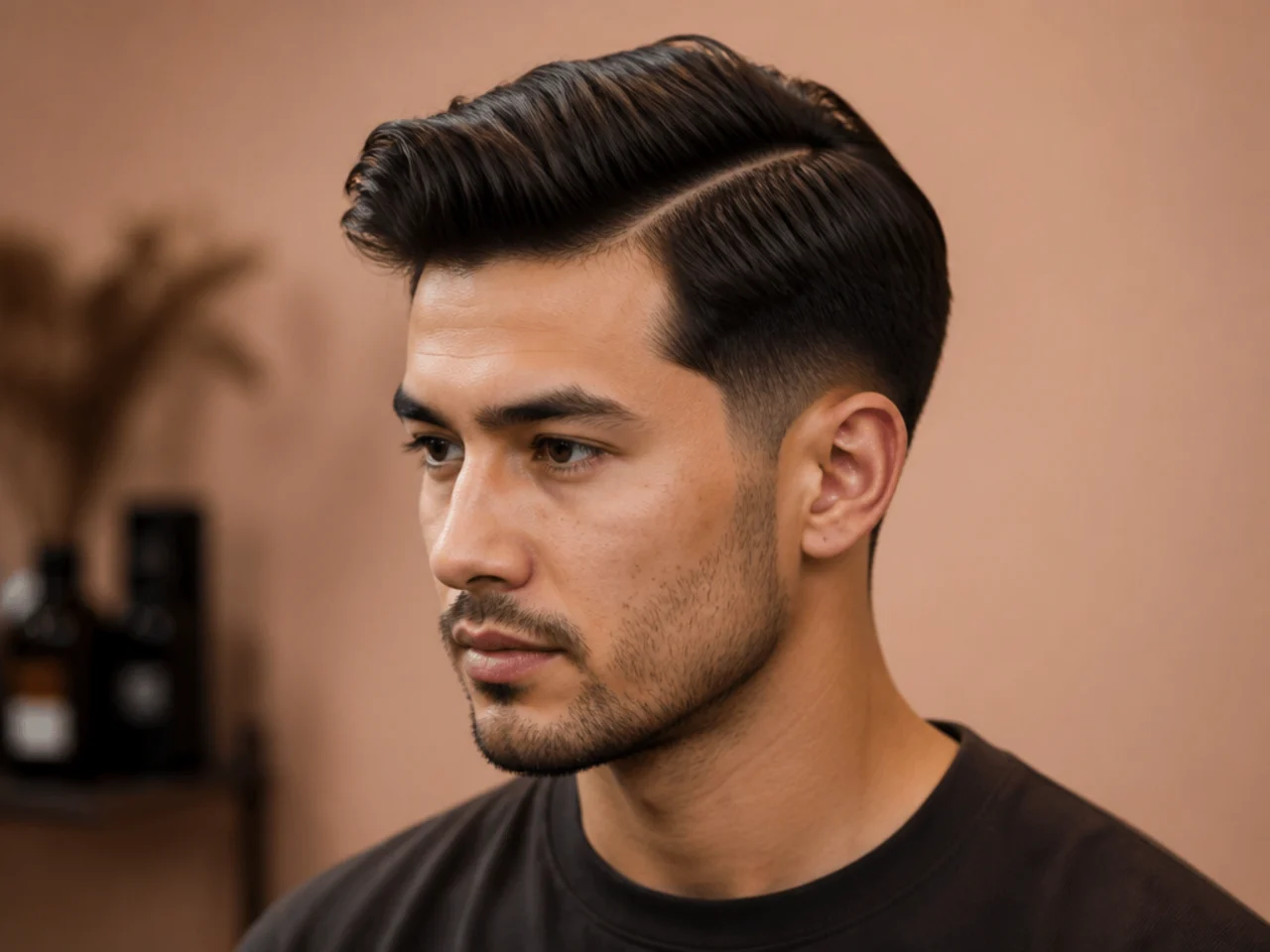 Barber tracing a soft side part with a comb tail on damp hair