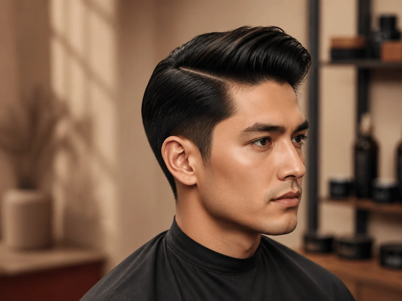 Light-hold hairspray misting the front of a styled side quiff from a distance