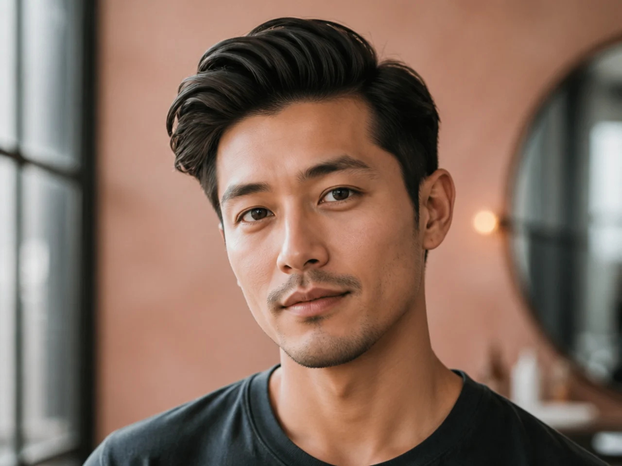 Man restyling a collapsed side quiff at a bathroom mirror