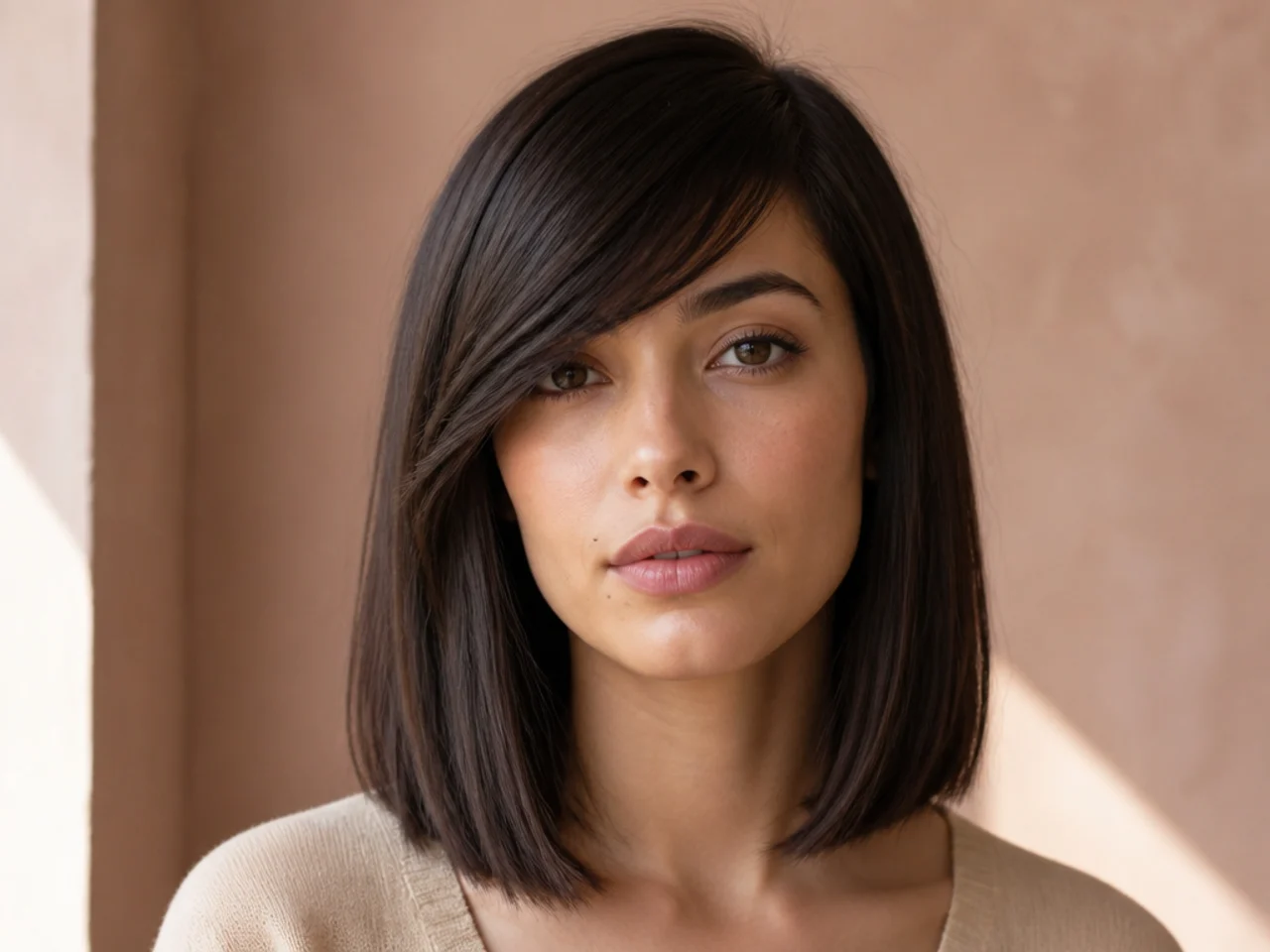 Side swept bangs with a blunt lob on a long face