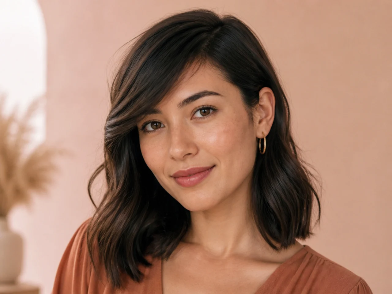 Side swept bangs tucked behind one ear