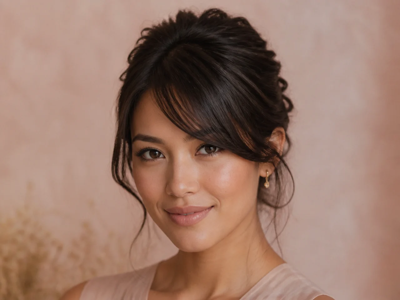 Side swept bangs worn with an updo