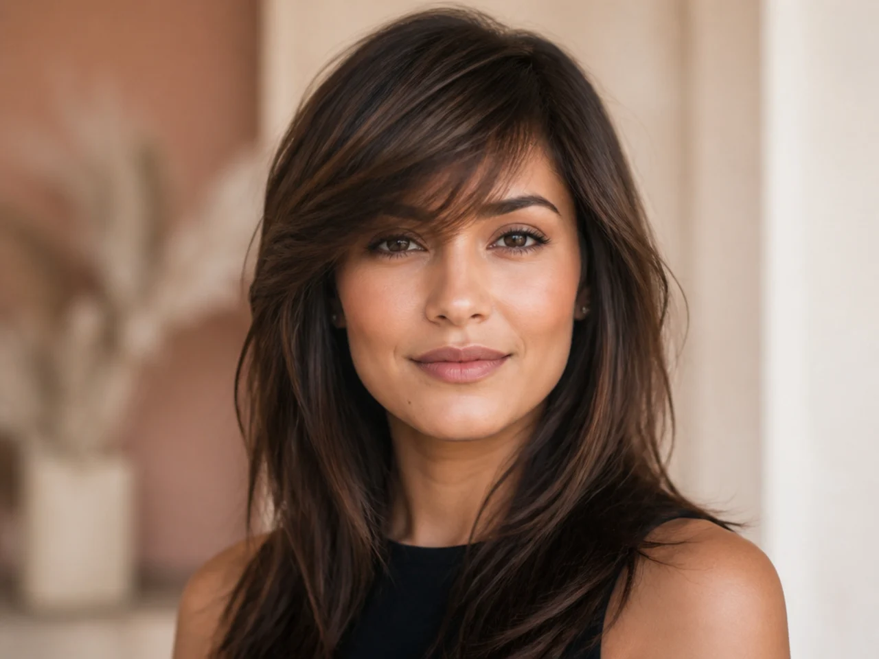 Wispy side swept bangs on a square face