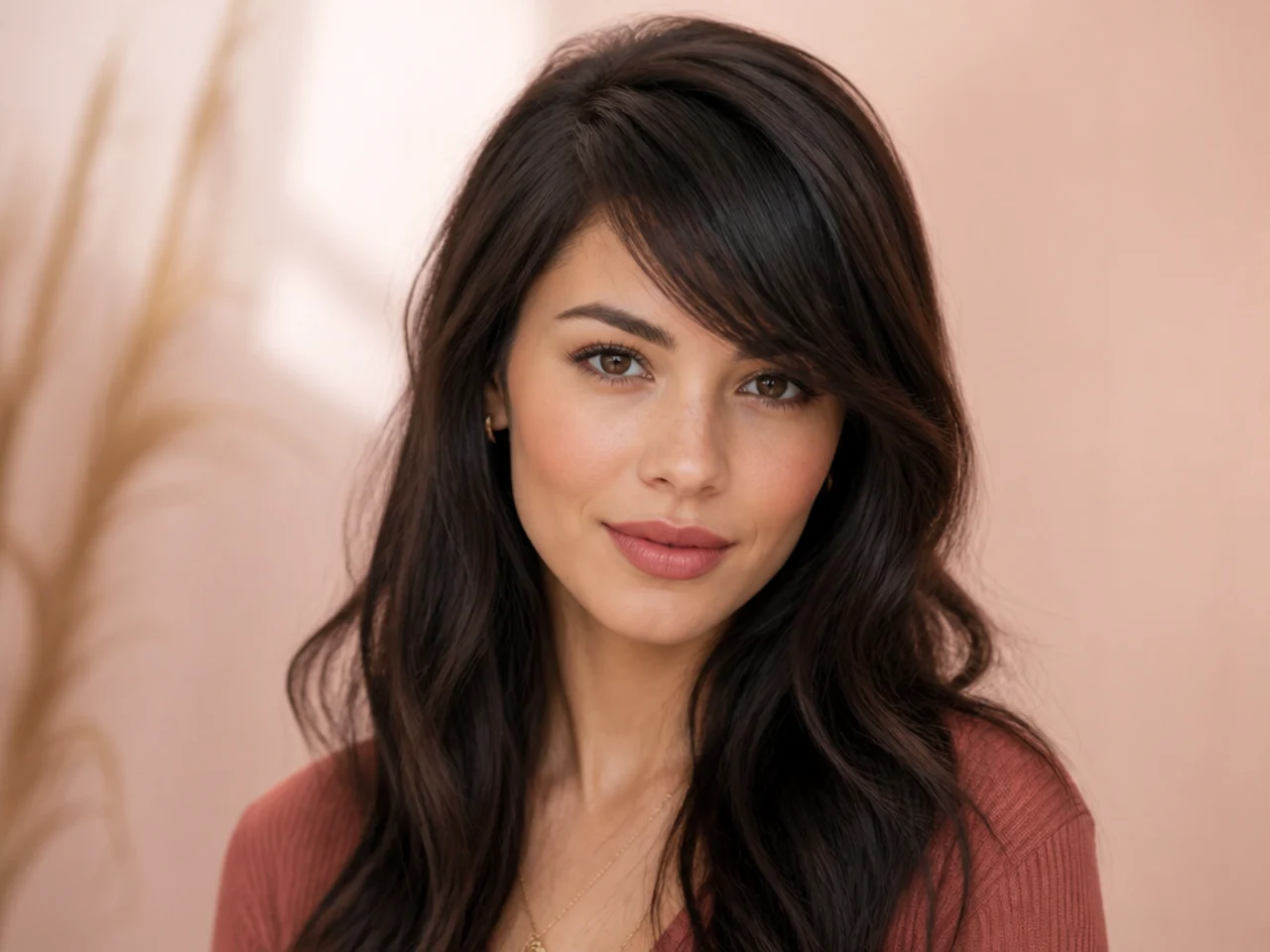 Side swept bangs ending at the cheekbone on a heart face