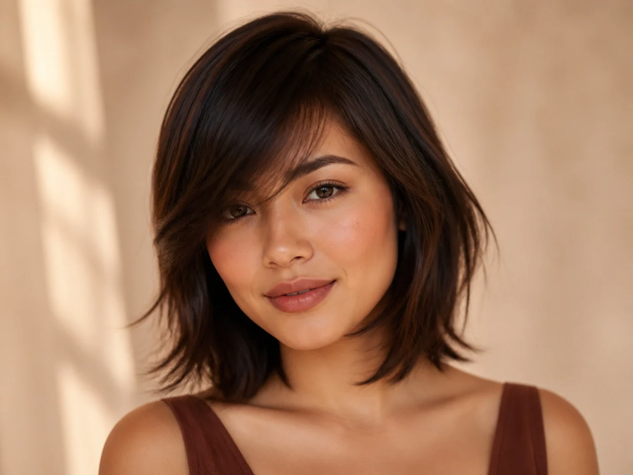 Side swept bangs with chin-length layers on a heart face