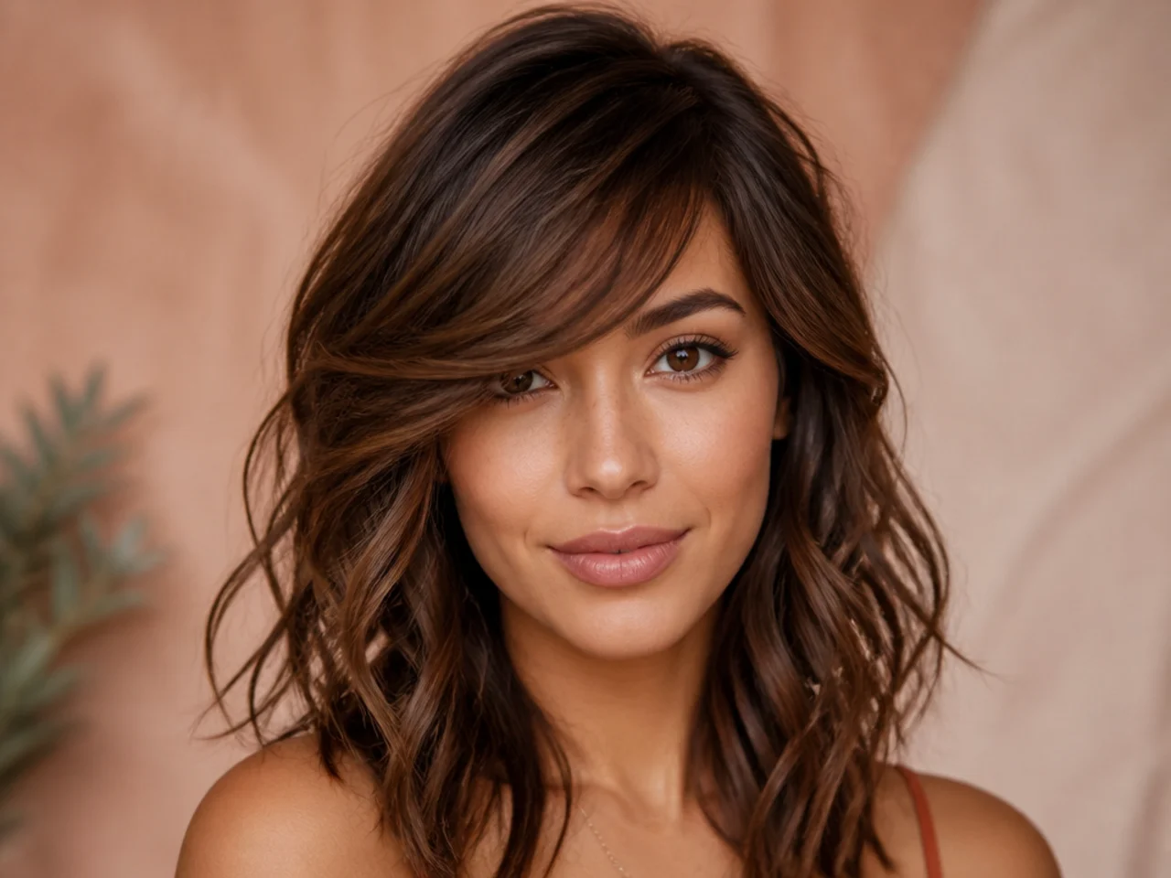 Textured side swept bangs on a heart face