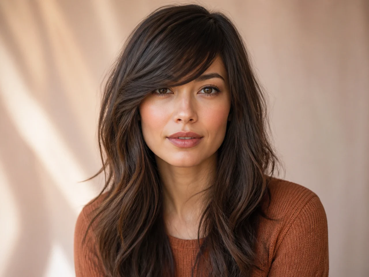 A shallow-angle fringe covering more forehead on a long face