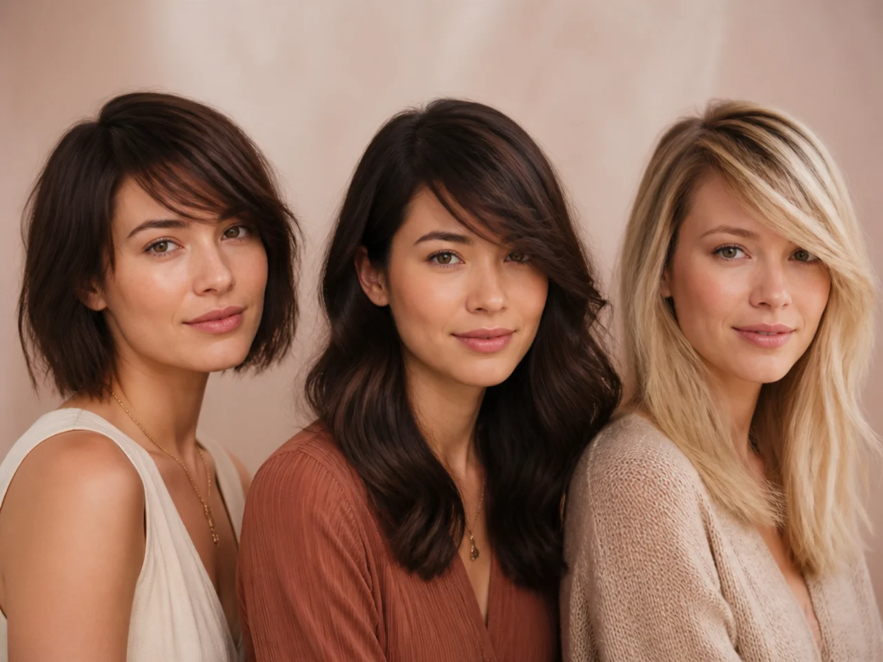 Three-quarter view of side swept bangs across face shapes