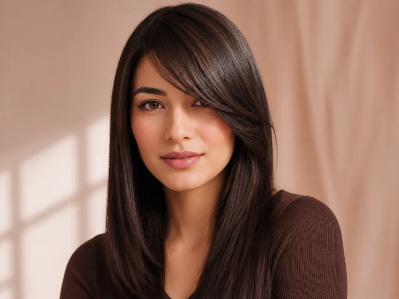 Long side swept bangs on straight hair