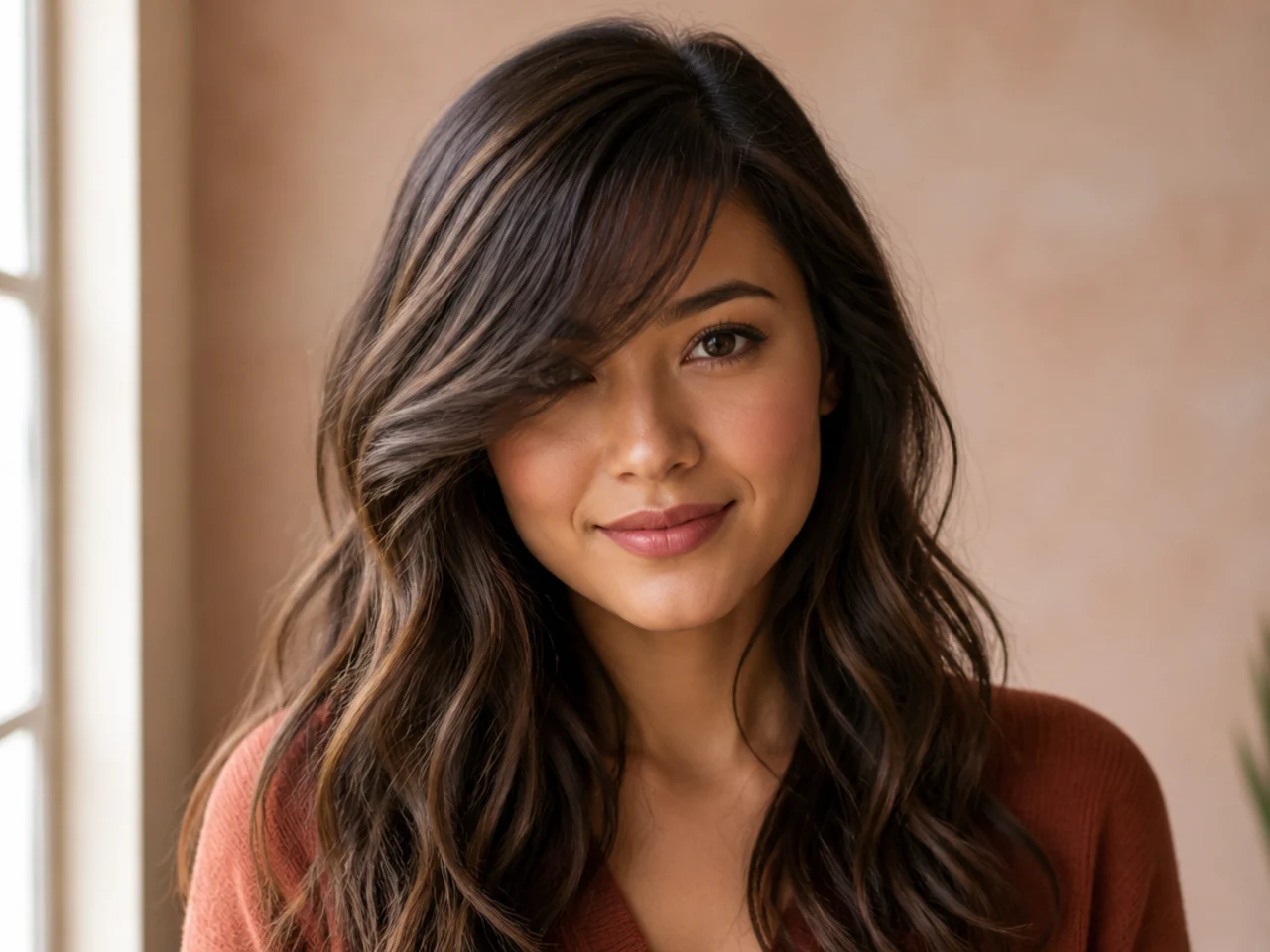 Long side swept bangs on wavy hair