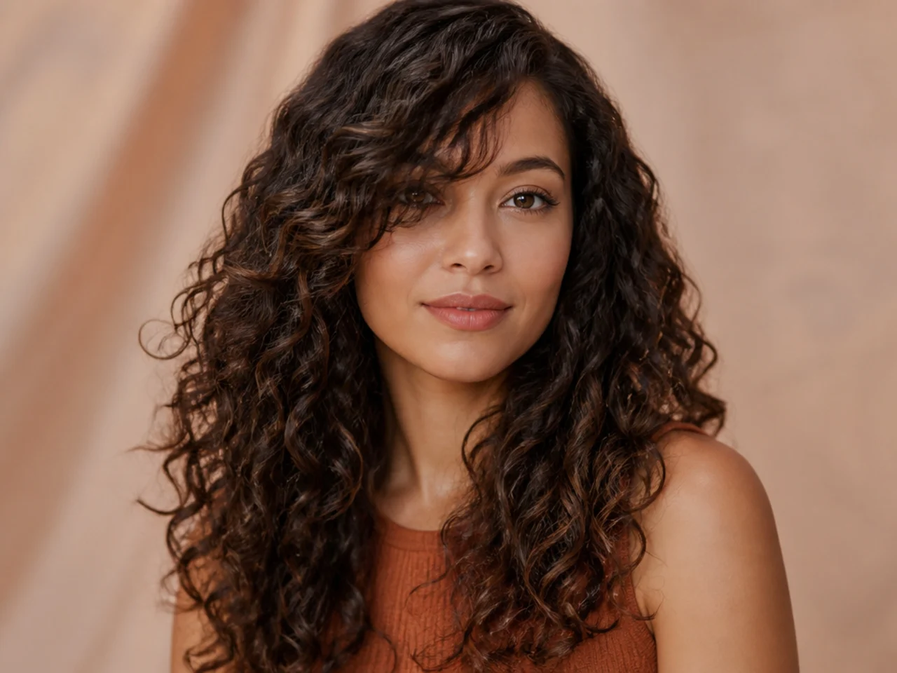 Long side swept bangs on curly hair
