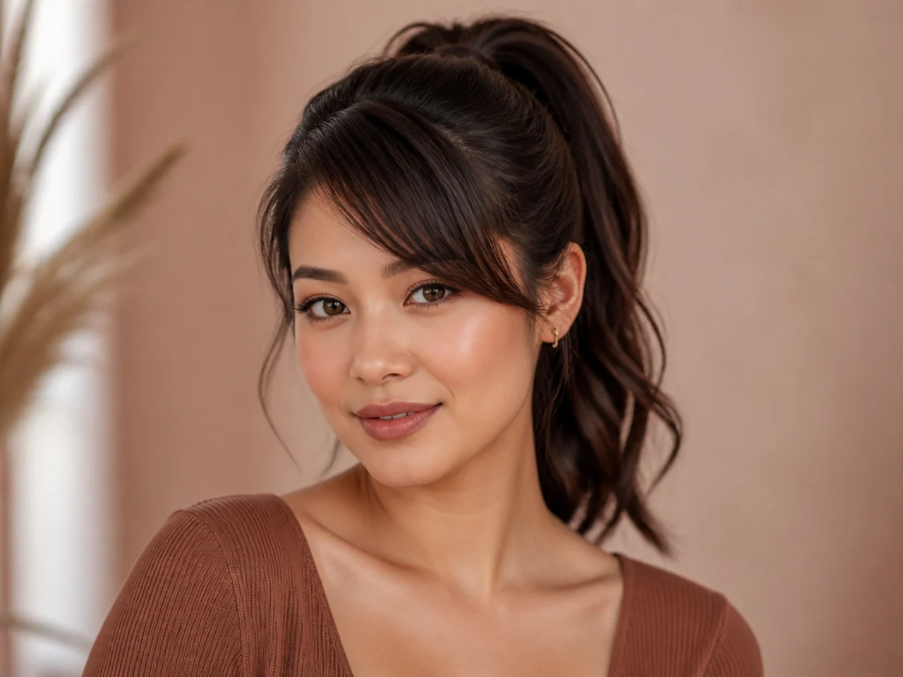 Side swept bangs worn with a high ponytail