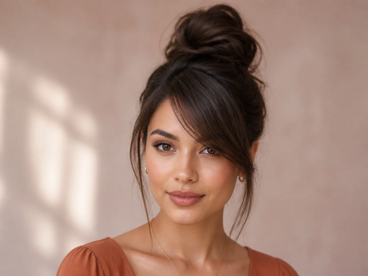 Side swept bangs worn with a high bun