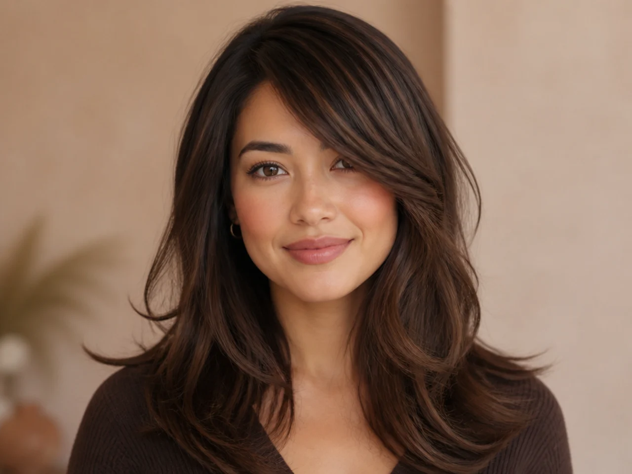 Side swept bangs continuing into face-framing pieces
