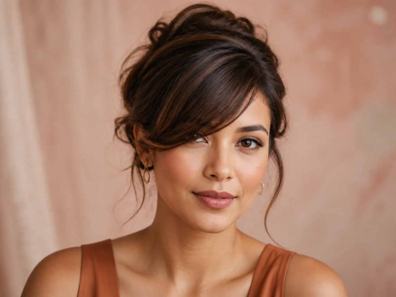 Side swept bangs worn with an updo