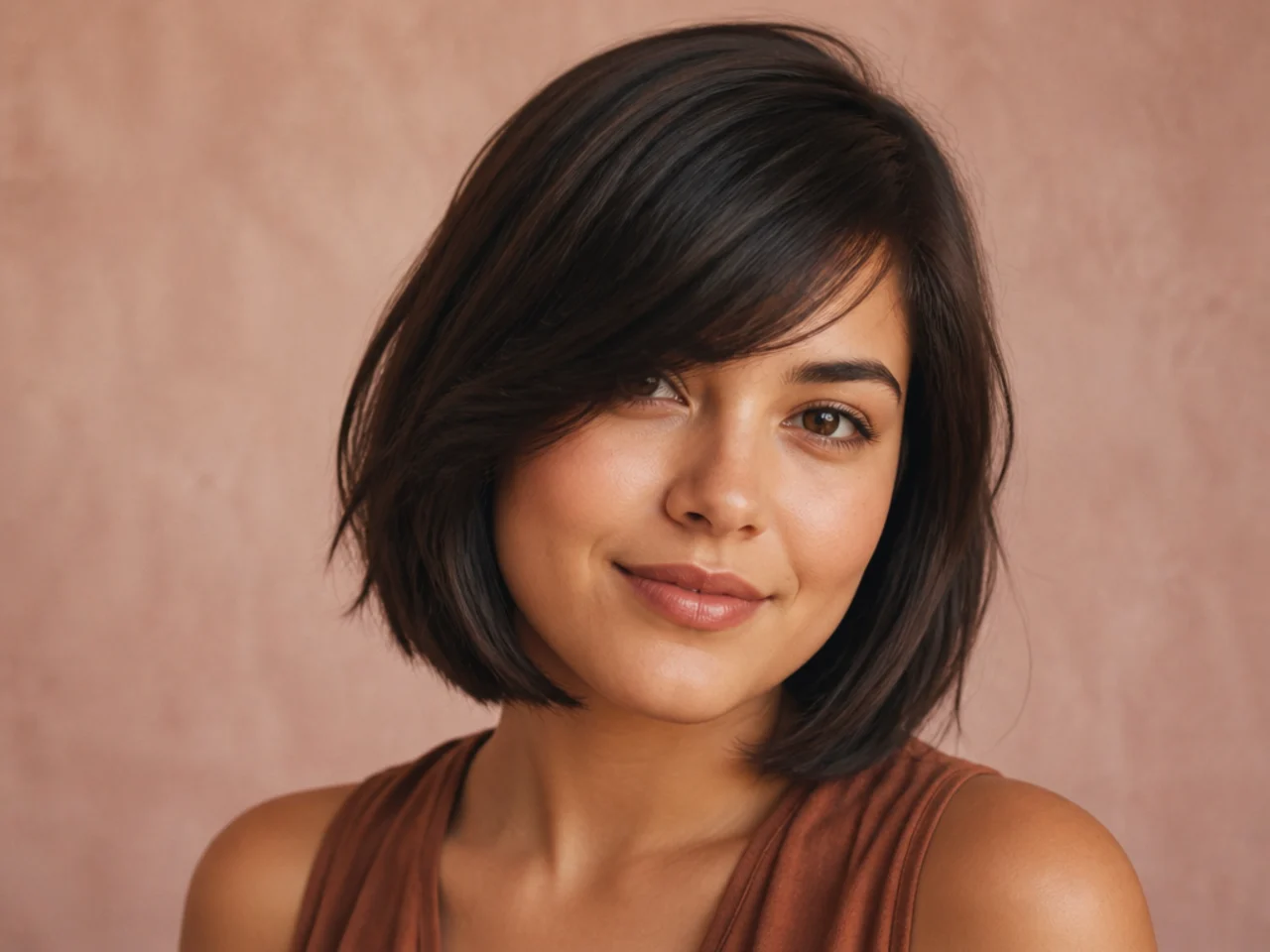 Jaw-length side swept bangs on a round face