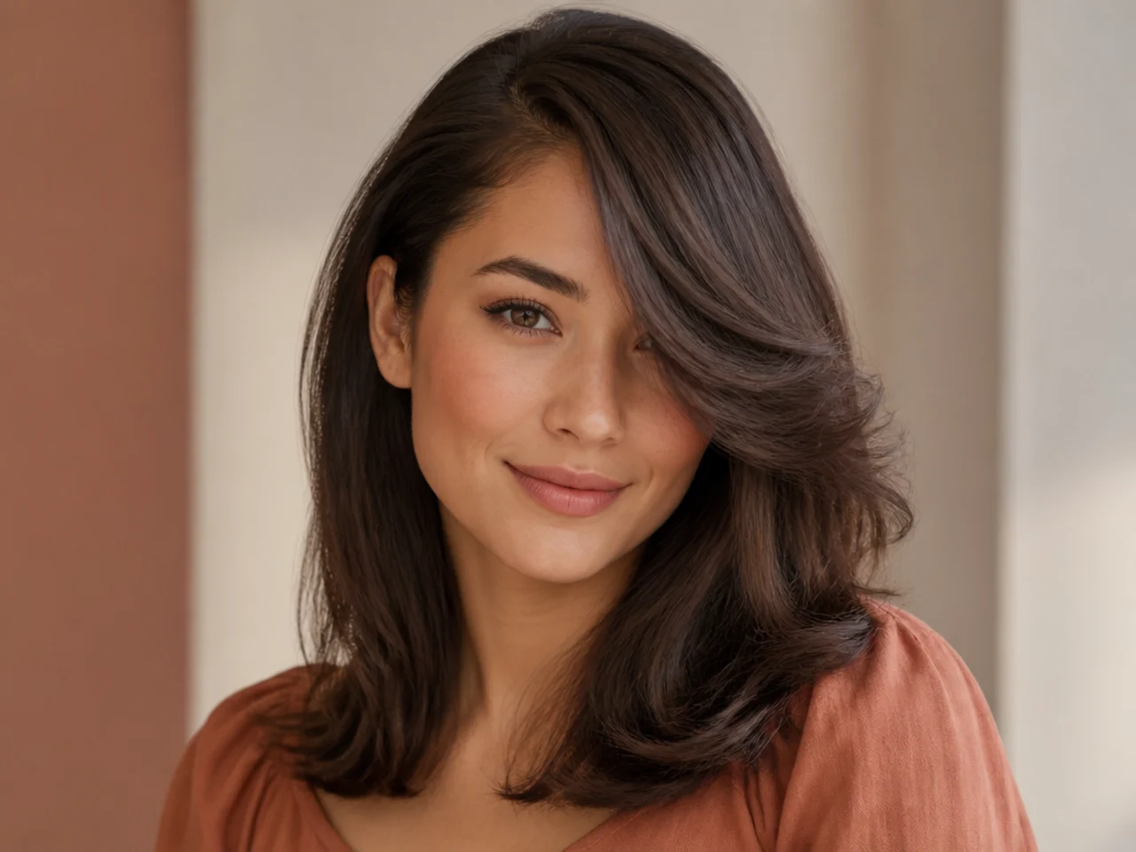 Deep side part with long swept bangs