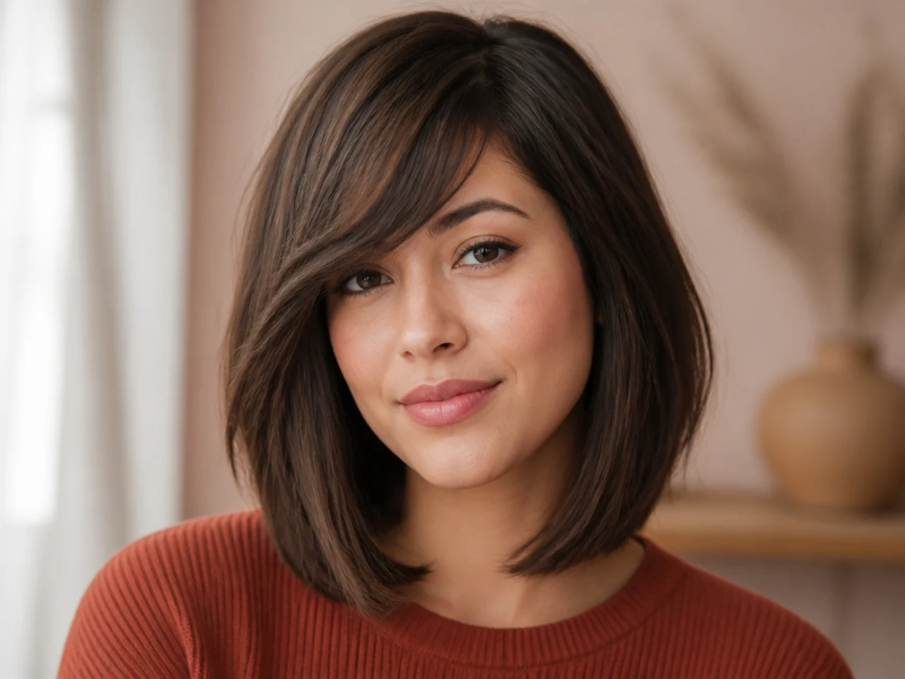 Side swept bangs with a long bob