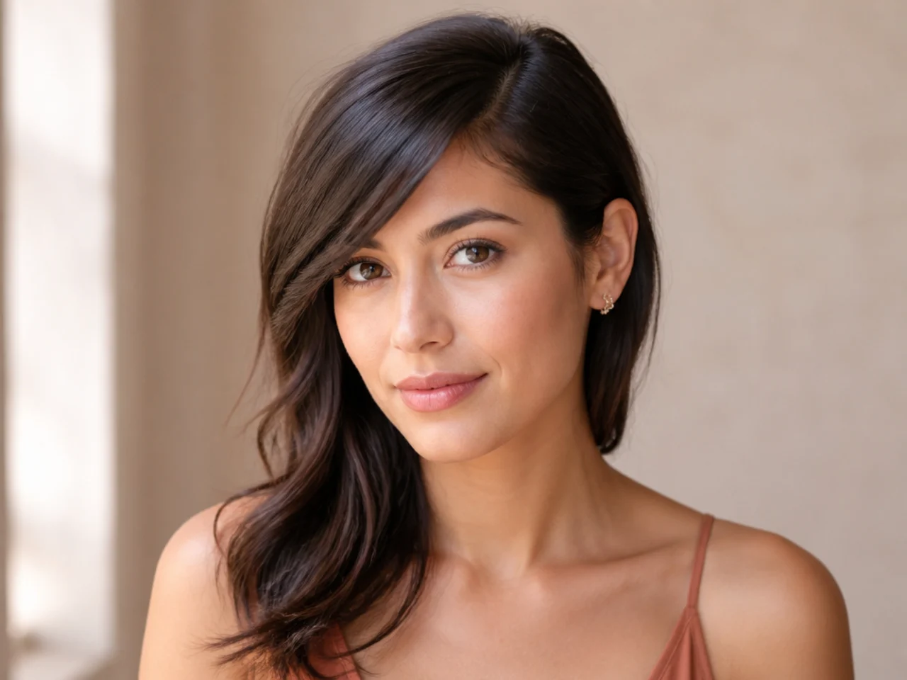 Side swept bangs tucked behind one ear