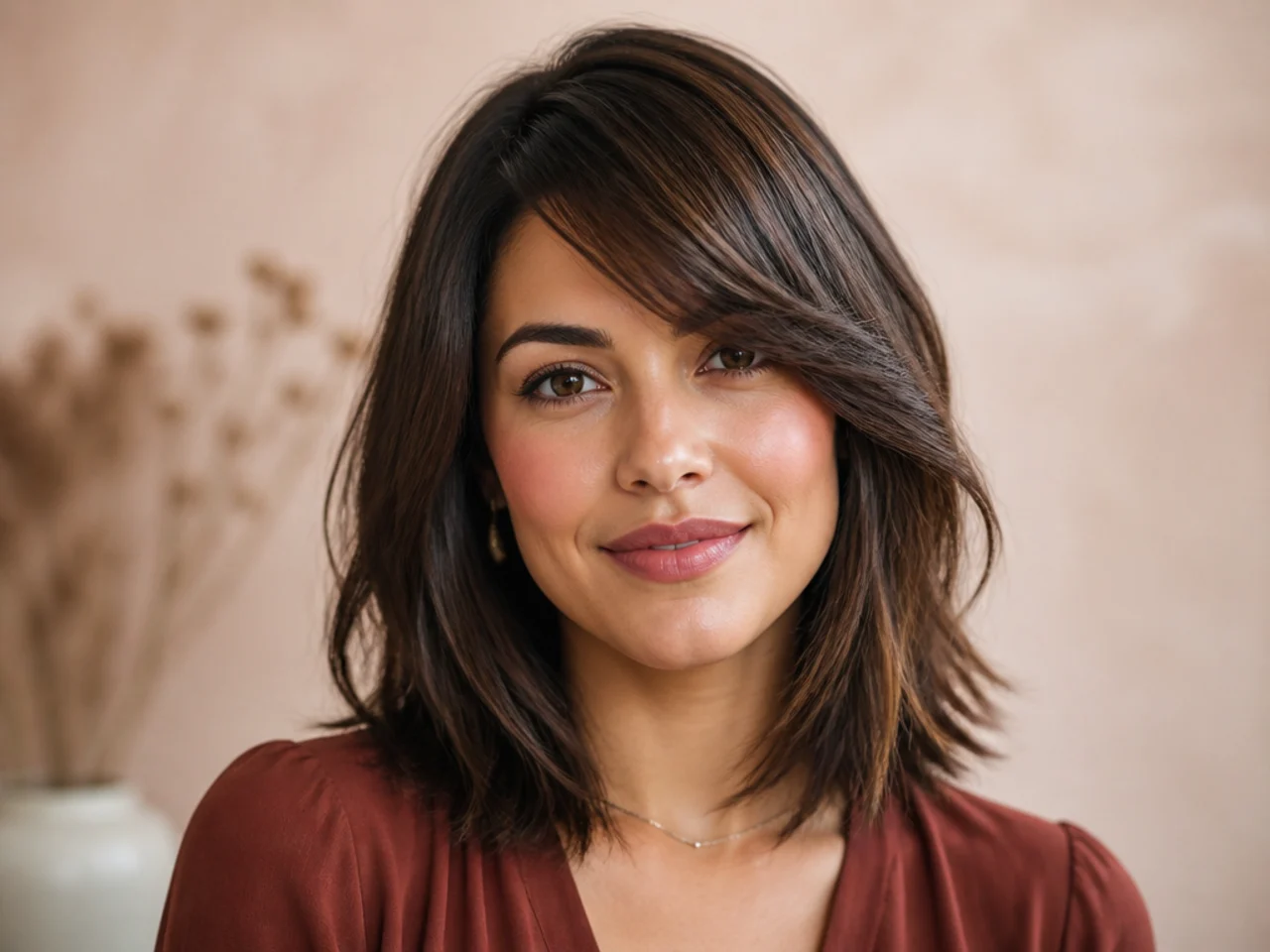 Shoulder-length hair with side swept bangs